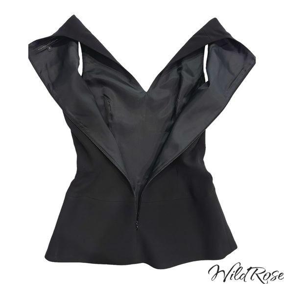 VICTORIA BECKHAM Black Deep V Fitted Peplum Blouse Top SZ 2 - Picture 7 of 11